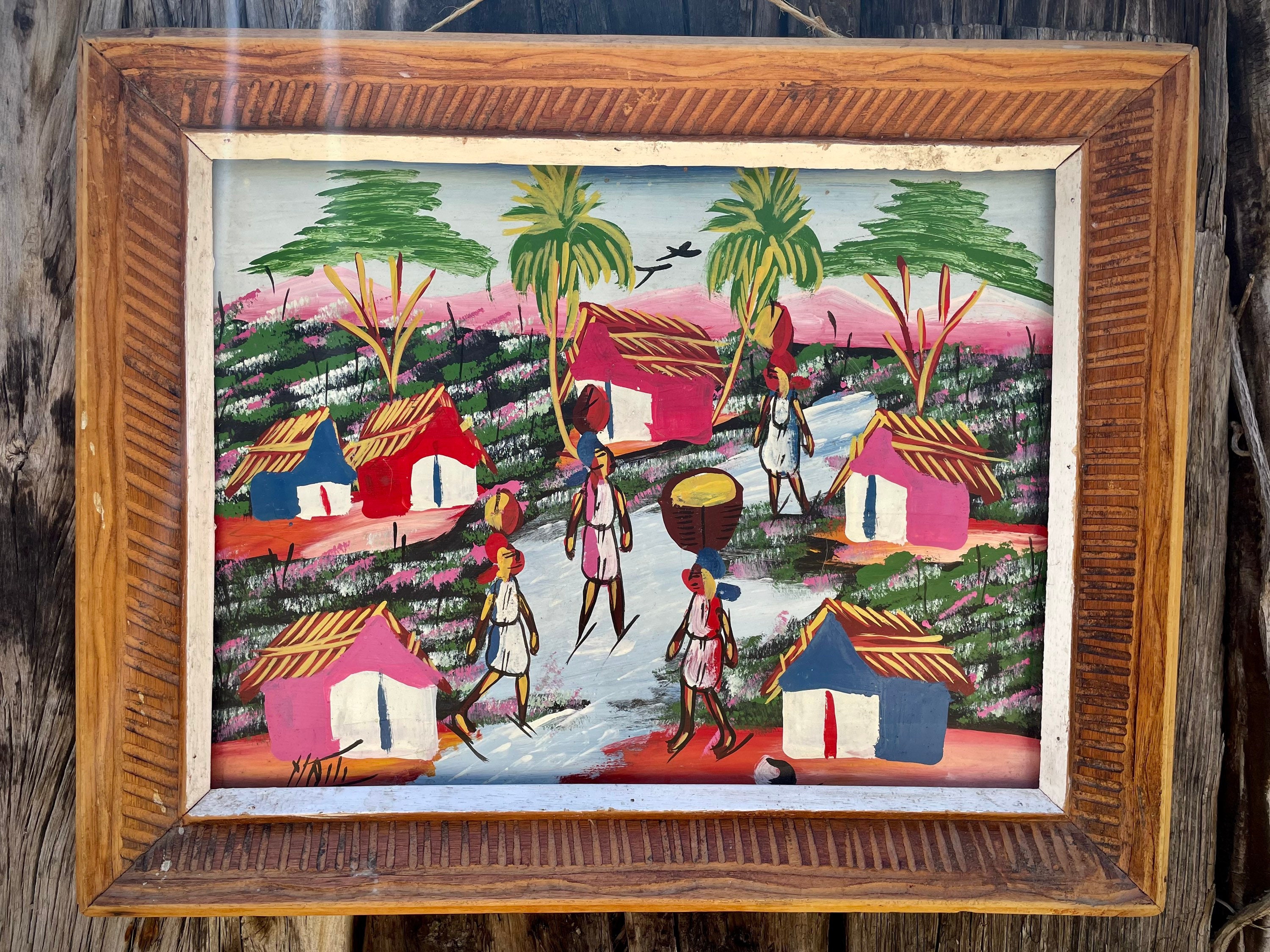 Vintage Haitian Painting Village Scene 16 x 12 in Distressed Wood