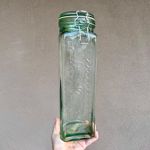ONE Vintage Green Tinted Glass Canister Sealable Jar Tall for Pasta, Retro Kitchen Housewares