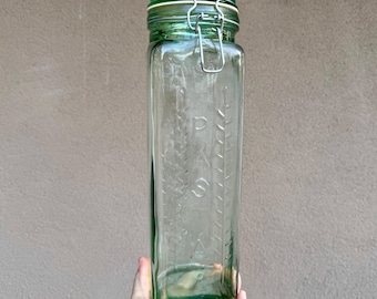 ONE Vintage Green Tinted Glass Canister Sealable Jar Tall for Pasta, Retro Kitchen Housewares