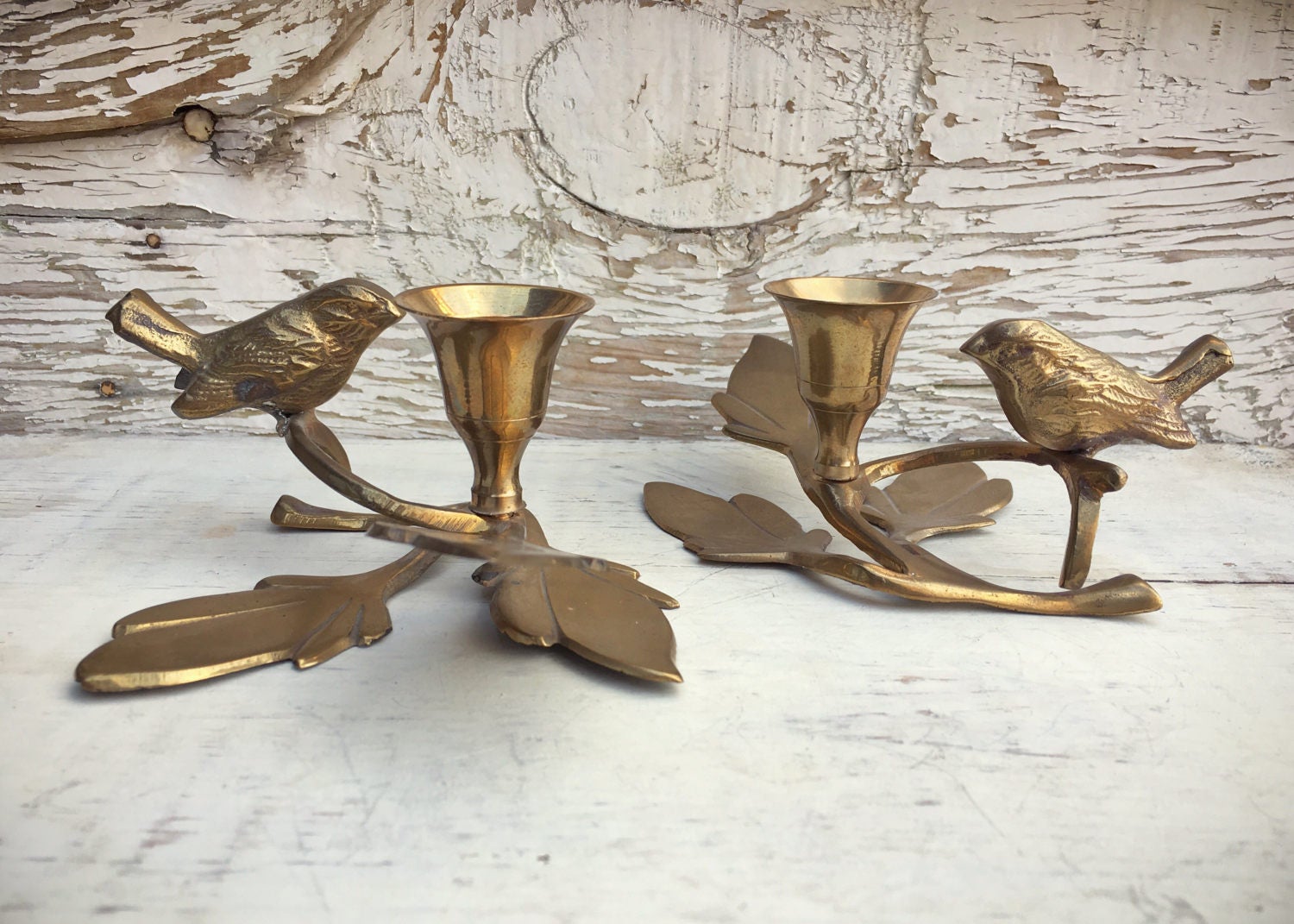 Pair of vintage brass candle holders leaf and bird table setting decor