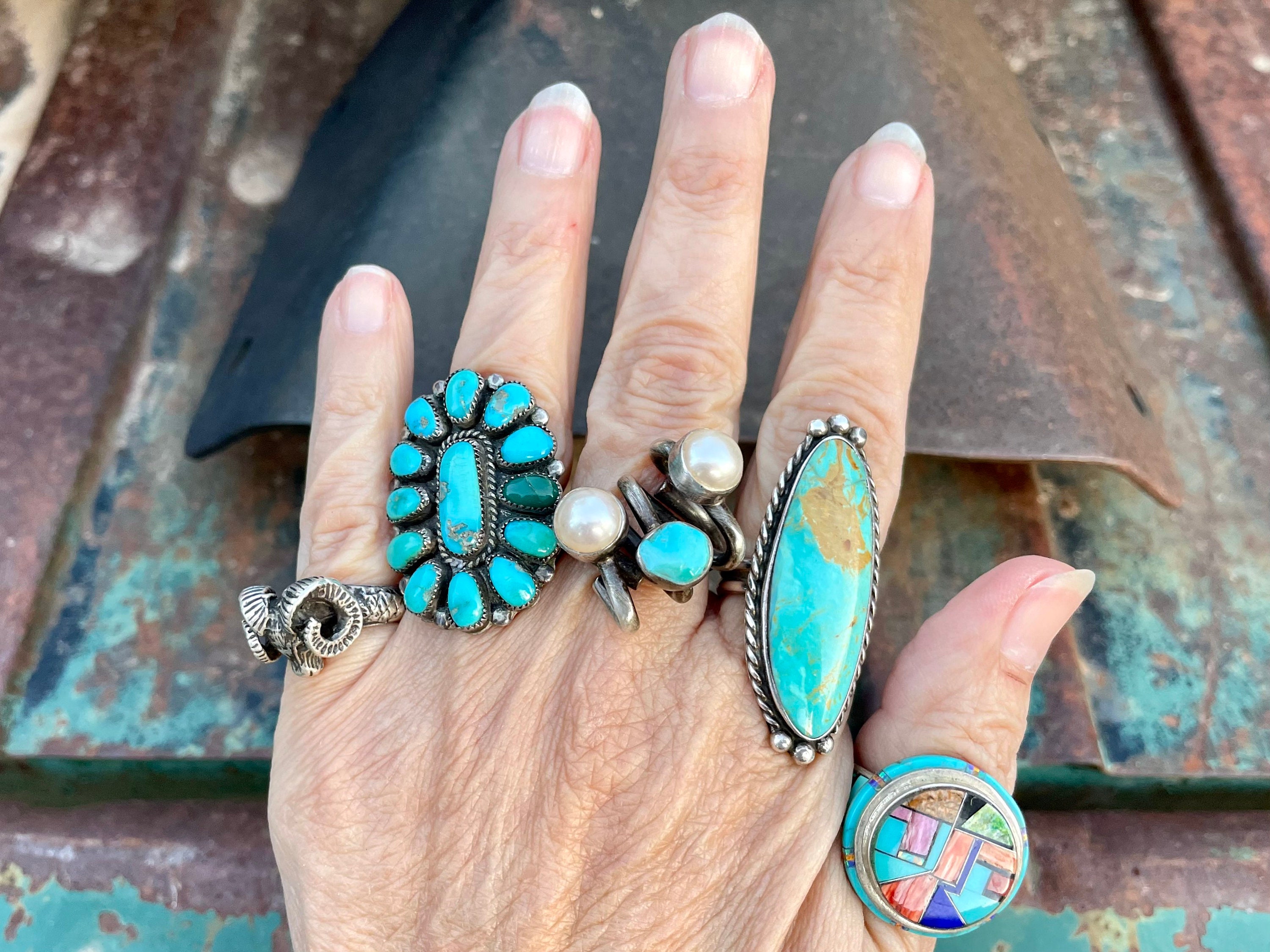 Vintage Lilly Barrack Sterling Silver Turquoise and Pearl Ring Approx