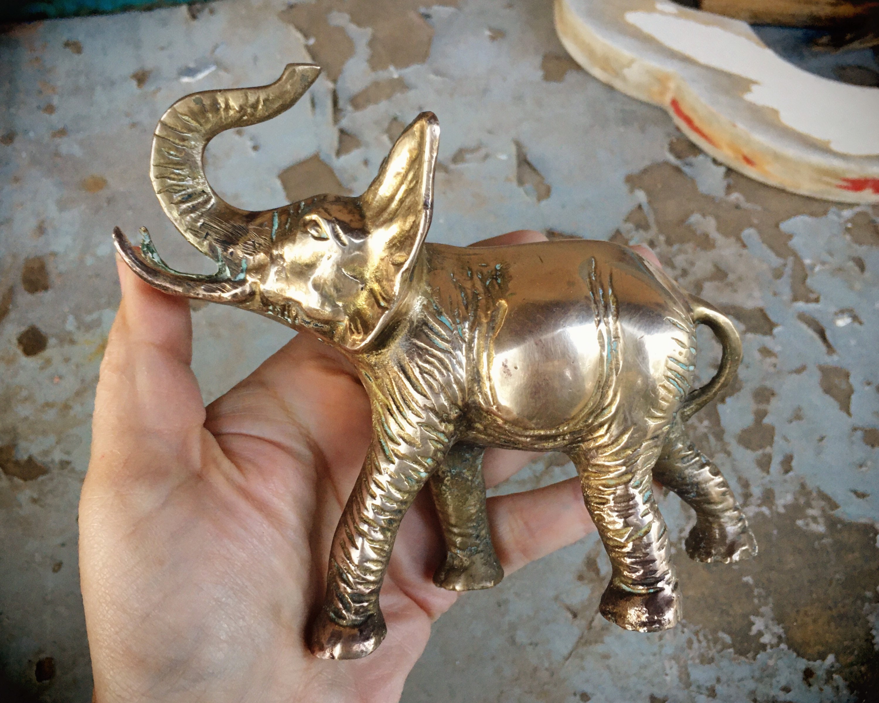 vintage brass lucky elephant paperweight, solid brass miniature