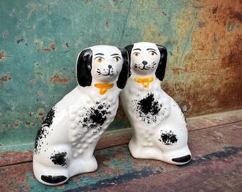 Vintage Pair of Small Staffordshire Style Dog Figurines (One Chipped at Base), Approx 3.75" Tall