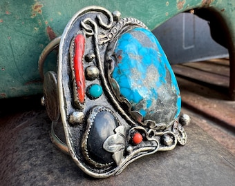 Vintage Navajo Bracelet Large Turquoise Stone Size 6.375, Coral Onyx Buffalo Nickels