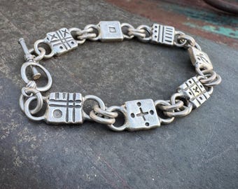 Vintage Sterling Silver Link Bracelet Approx 7.5", Square Geometric Rustic, Unmarked