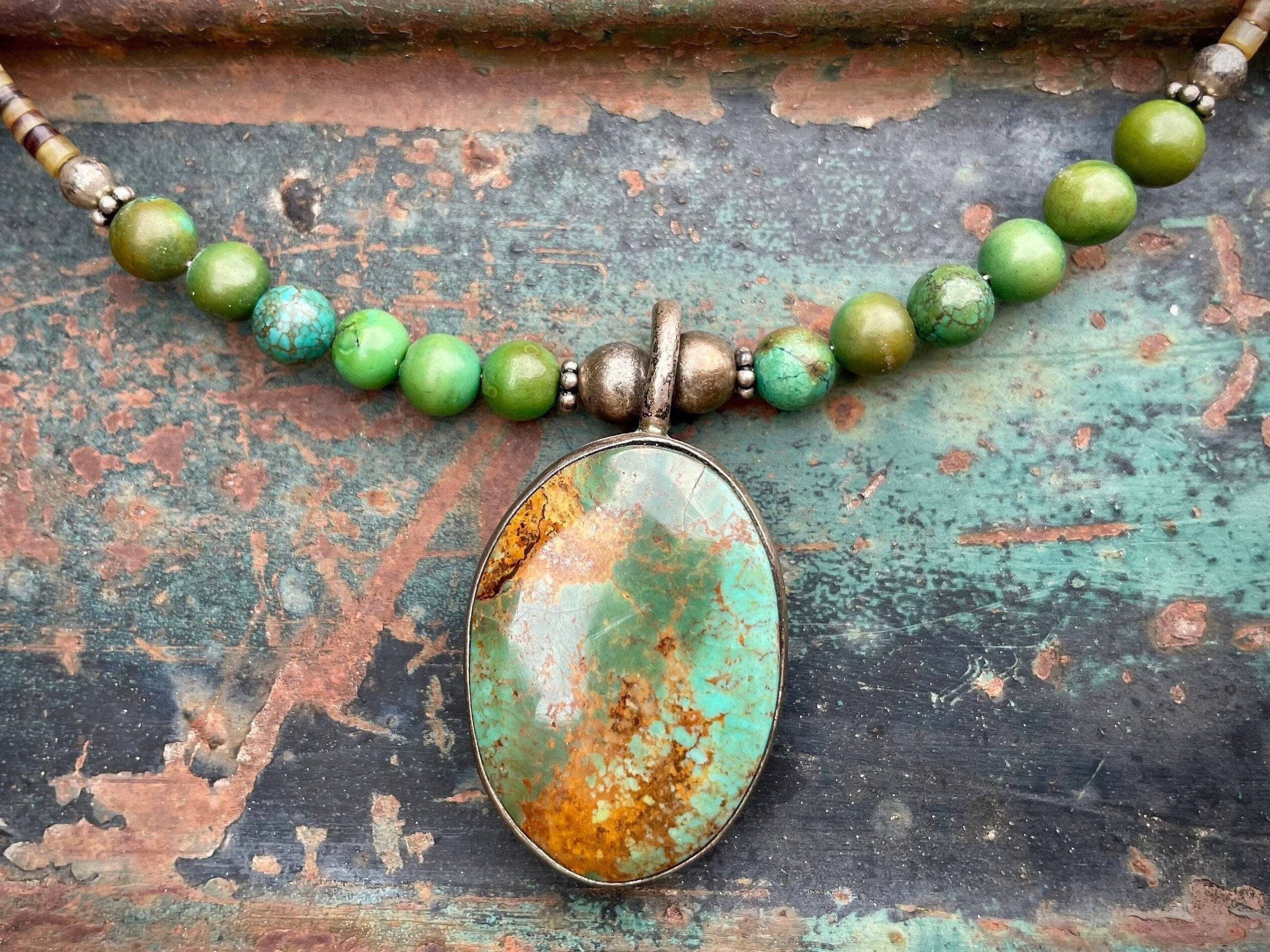 Vintage Coil Heishi Bead Necklace with Turquoise Sterling Silver