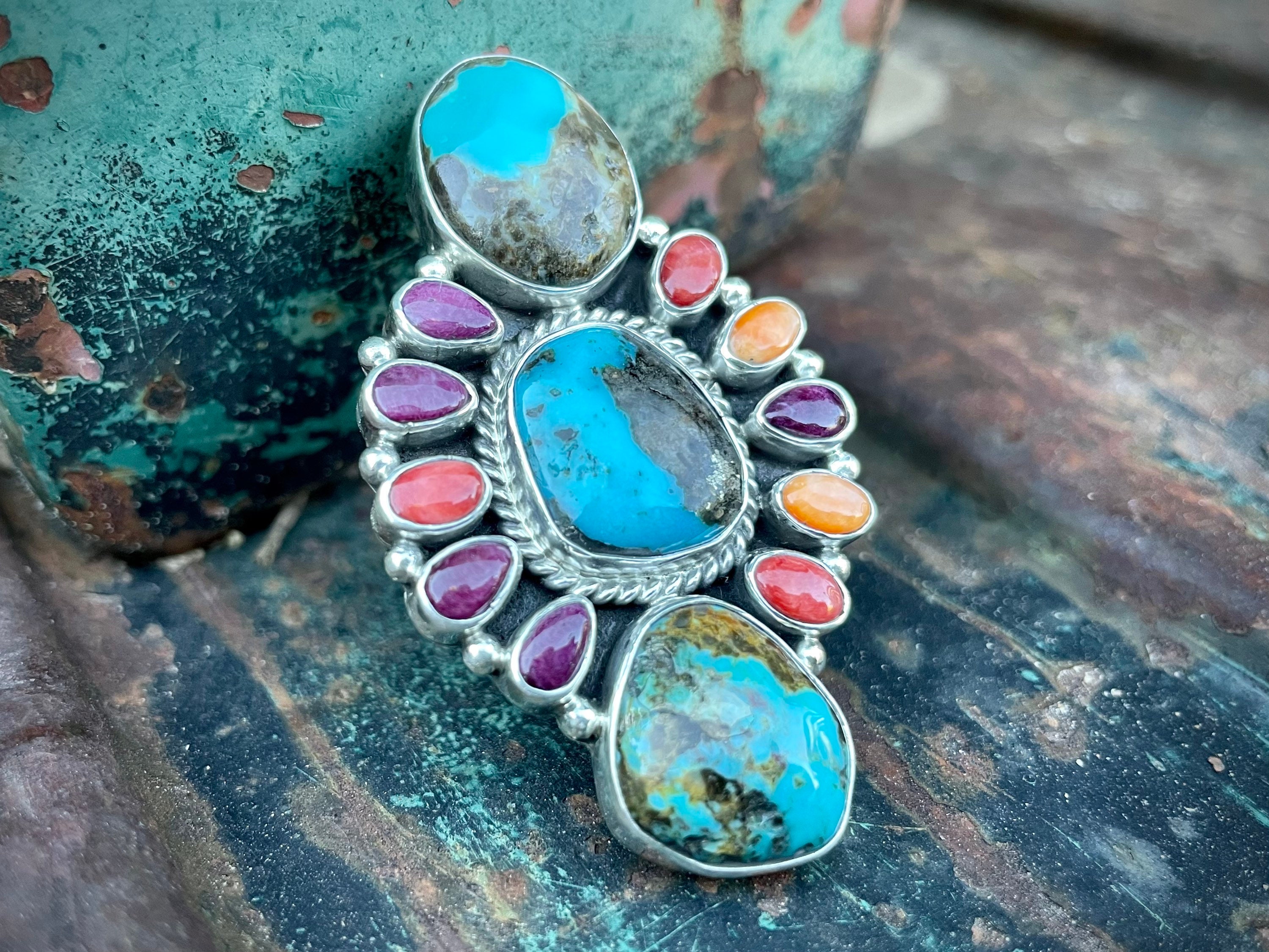 Navajo Mary Jane Garcia Turquoise Multistone Ring Size 8.5, Native