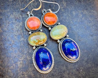 Navajo Milton Lee Multi-Color Sterling Silver Dangle Earrings, Spiny Oyster Turquoise Lapis