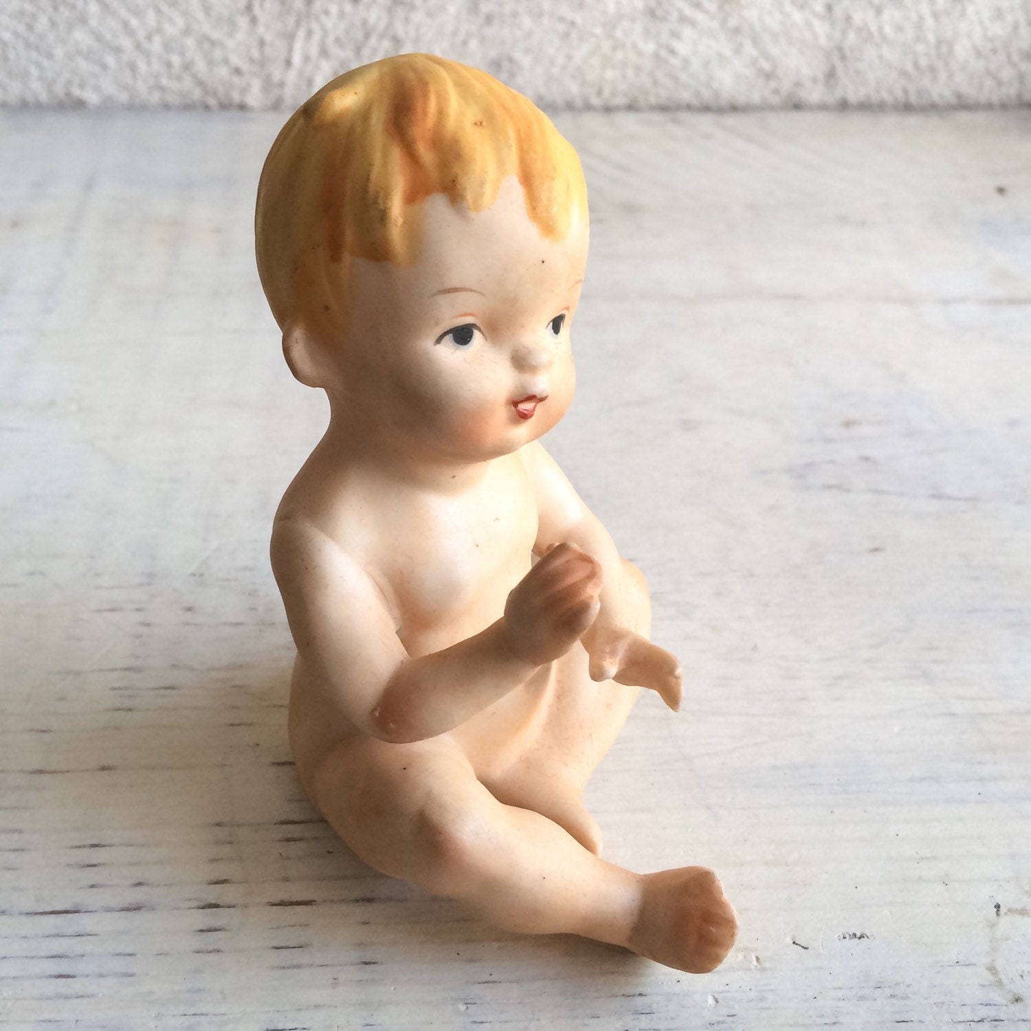 Vintage bisque ceramic piano baby figurine, naked baby porcelain statue