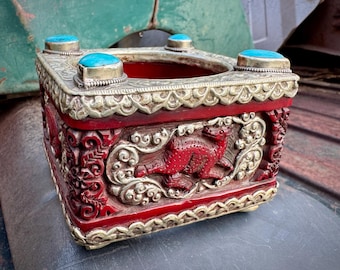 Vintage Tibetan Carved Cinnabar-Color Squared Bangle, Silver Turquoise Accents