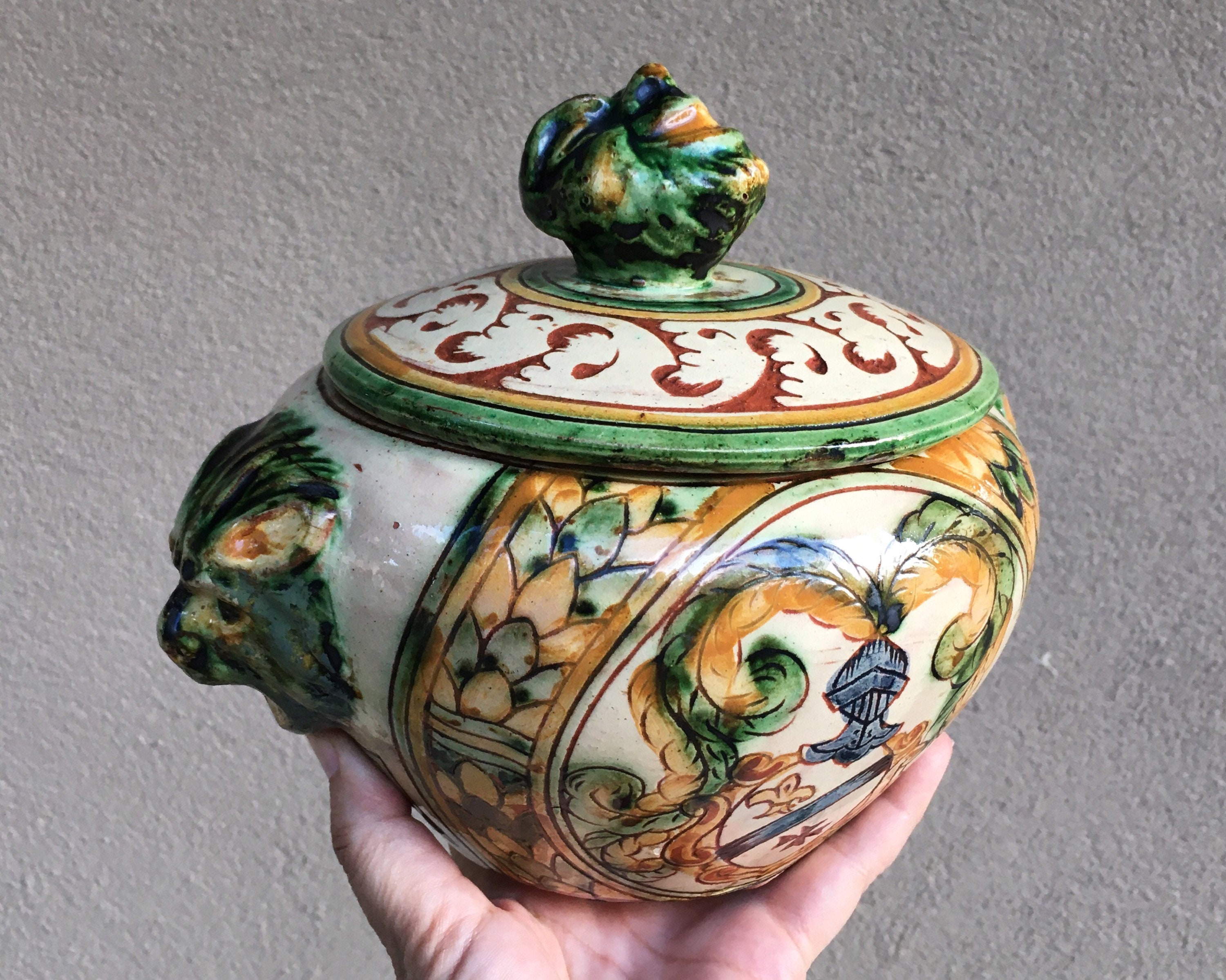 Vintage Italian Art Pottery Lidded Jar or Urn with Face Handles