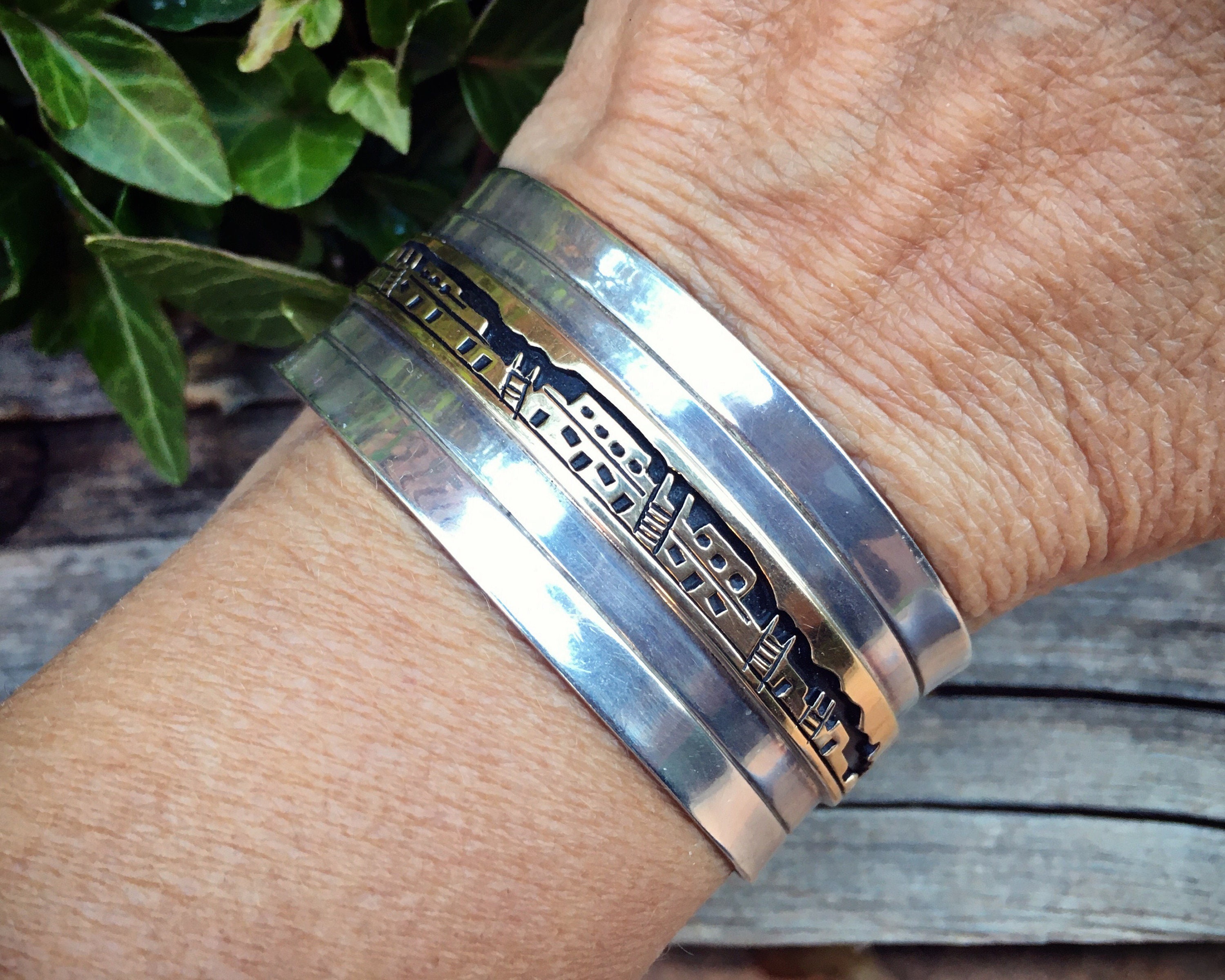 Navajo Leonard Nez Sterling Silver 14K Gold Story Cuff Bracelet