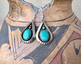Navajo Alfred Martinez Turquoise Dangle Earrings, Traditional Sterling Silverwork