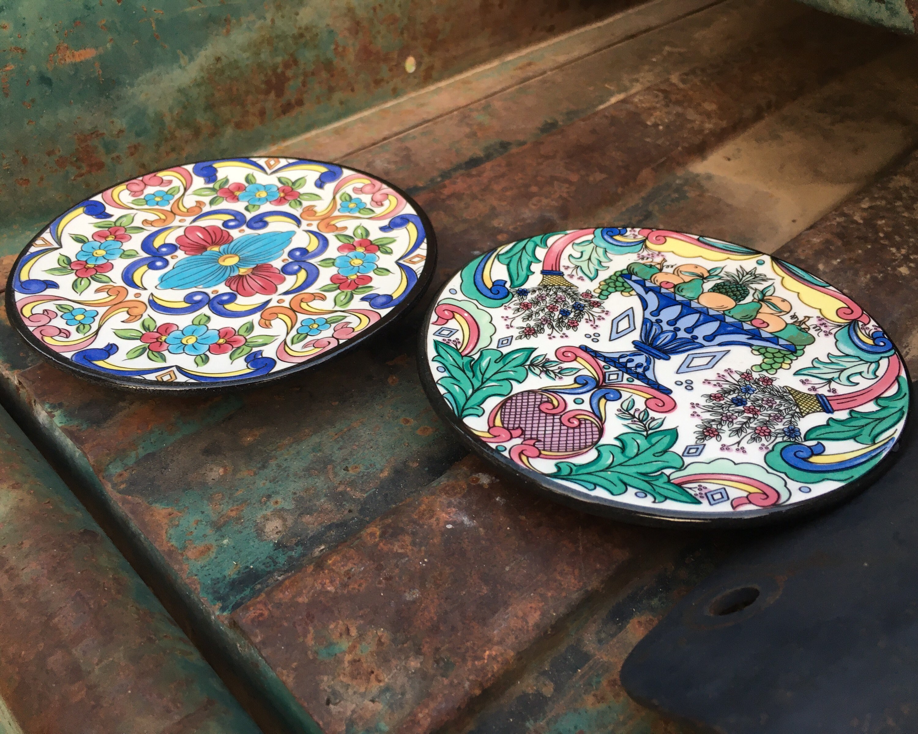 Two Handmade Spanish Miniature Wall Plates by Ceraplate, Blue and White