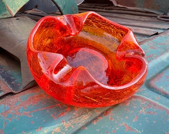 Vintage Viking Orange Crackle Glass Ashtray, Cigarette or Cigar Tray, Persimmons Color