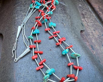 Two-Strand Coral Turquoise Necklace 27” Silver Tubular Spacers, Vintage Southwestern Jewelry