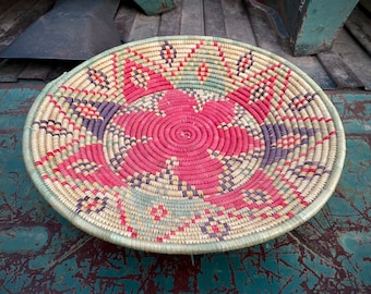Pink and Purple Shallow Footed Basket Wall Hanging, Woven Coiled Colorful Bohemian Eclectic Decor