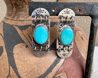 Sterling Silver Turquoise Dangling Panel Earrings, Articulating Style, Native American Jewelry