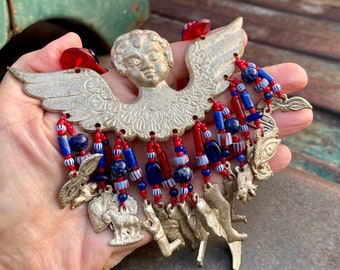 Vintage Kim Yubeta Bib Necklace Large Mexican Angel Milagro Antique Chevron Beads