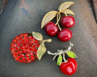 Three Vintage Fruit Brooch Pins, Includes Joan Rivers Red Cherries, Forbidden Fruit, Glitzy Jewelry