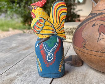 Vintage Wood Carved Painted Rooster Decorative Bell, Tole Style Folk Art, Farmhouse Decor