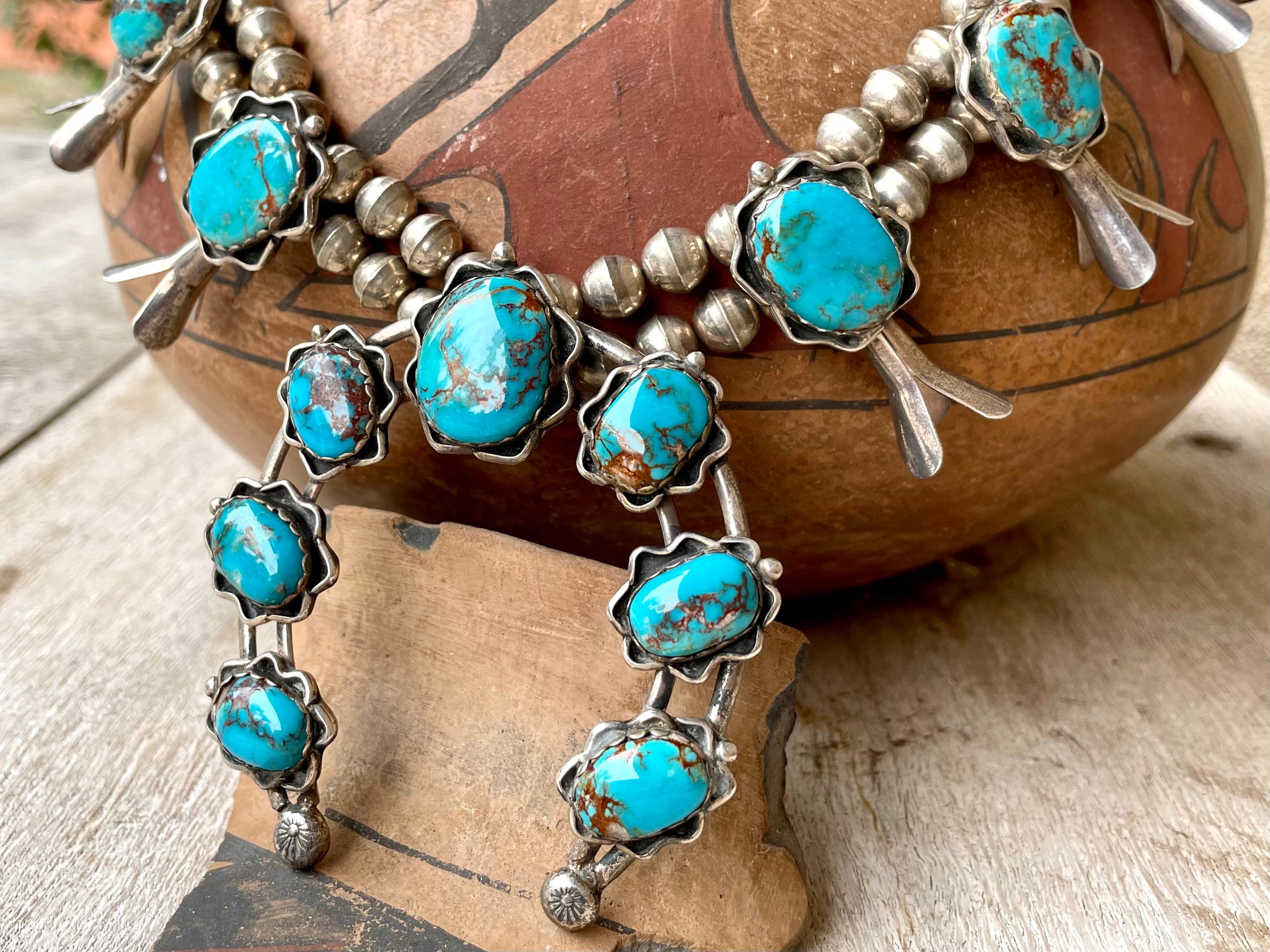 One Of The Best Vintage Navajo Bisbee Turquoise Native American Jewelry Silver Squash Blossom Necklace One Of The Best Vintage Navajo Bisbee Turquoise Native American Jewelry Silver Squash Blossom Necklace