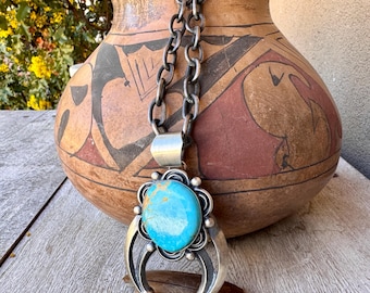 Chimney Butte Turquoise Sterling Silver Naja Pendant Necklace, Link Chain 22"
