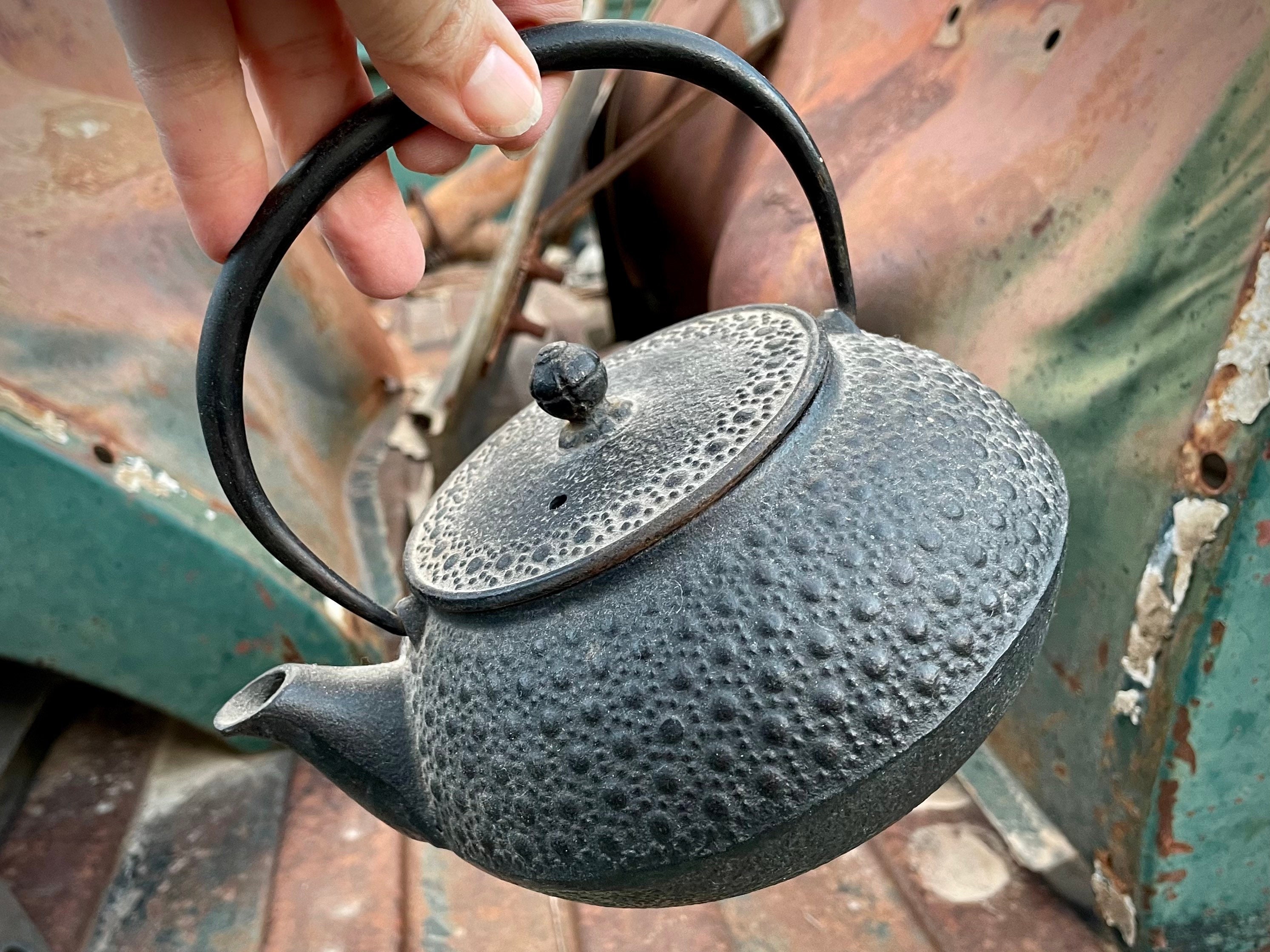 Vintage Black Iron Japanese Teapot Arare Hobnail Pattern, Tetsubin