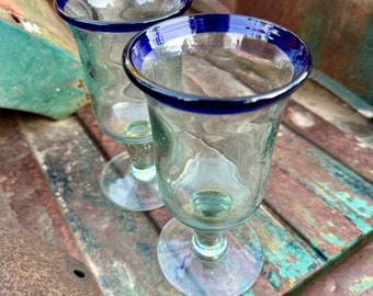 Two Vintage Mexican Blown Glass Goblets Clear with Blue Rim, Southwestern Kitchen Glassware