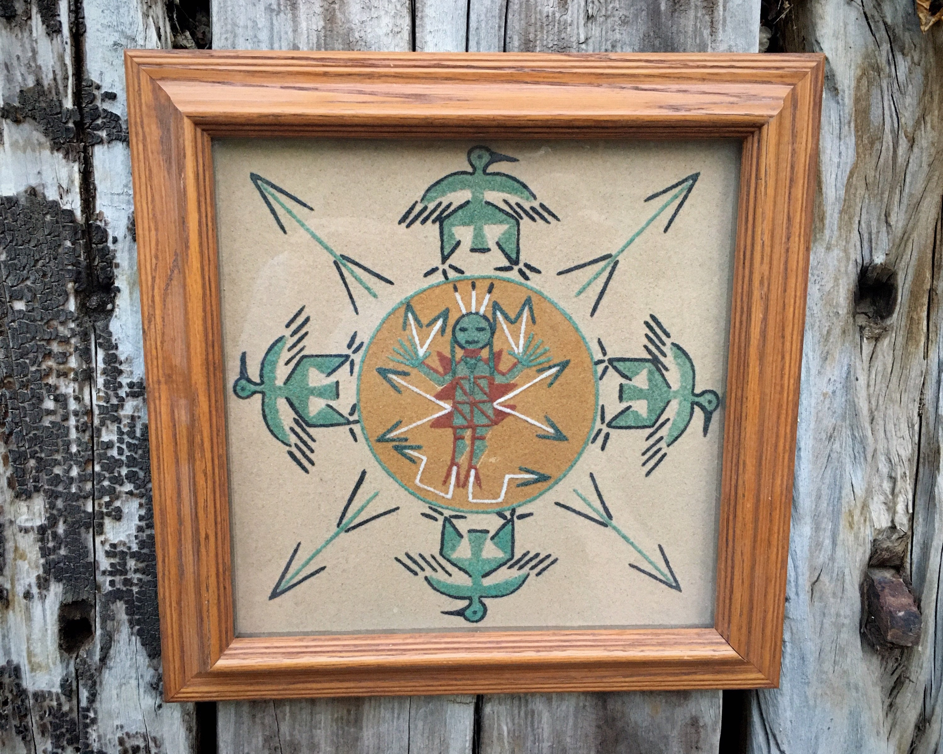 10 Framed Navajo Sand Painting of Yei Figures, Southwestern Wall Decor