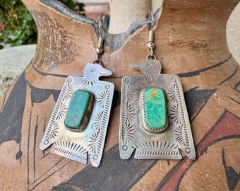 Stamped Silver Thunderbird Earrings with Turquoise, Navajo Native American Jewelry