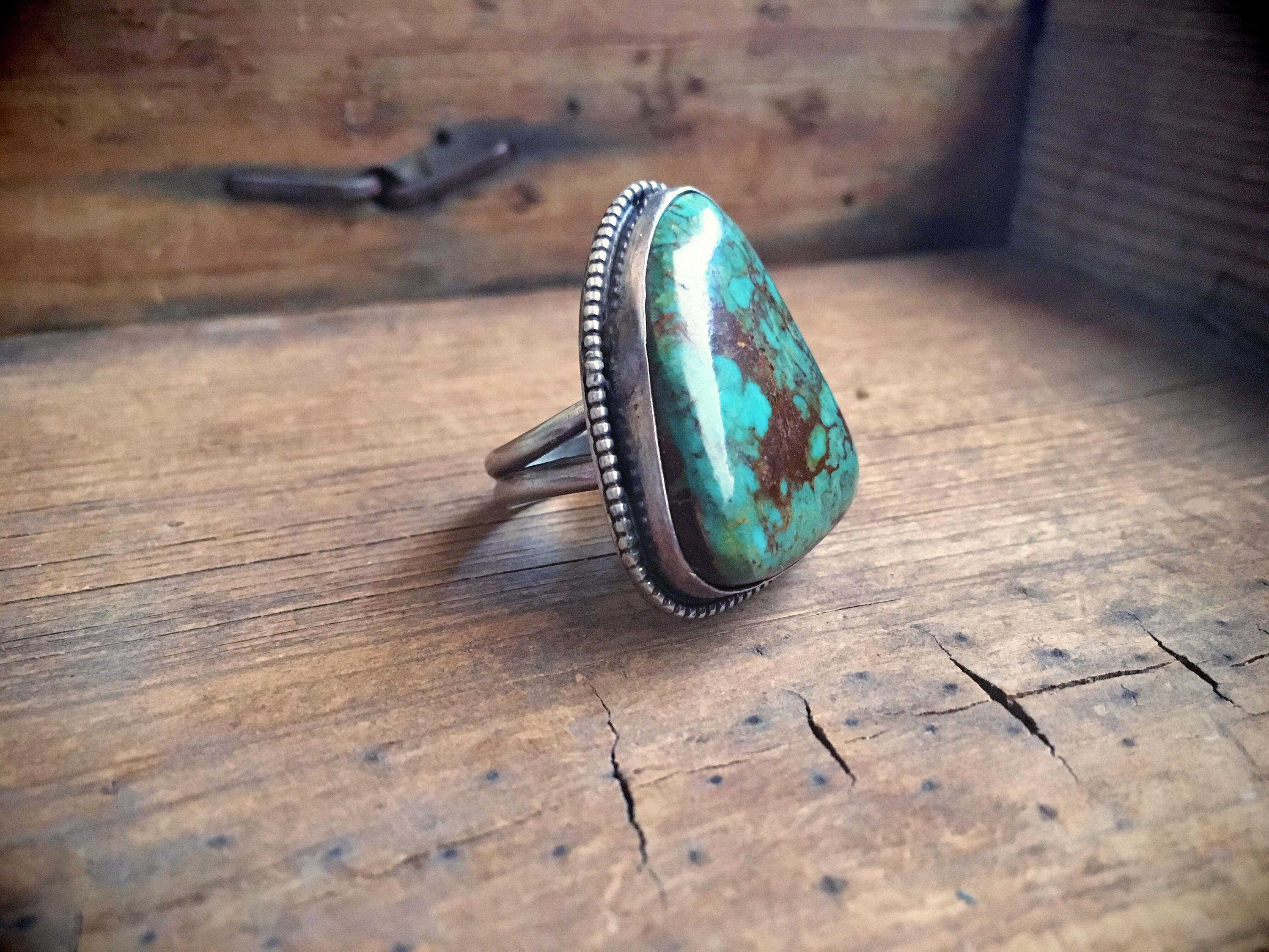 Bonita Blue Turquoise & Textured Sterling Silver Ring with 3-Wire Band |  Southwest Designs