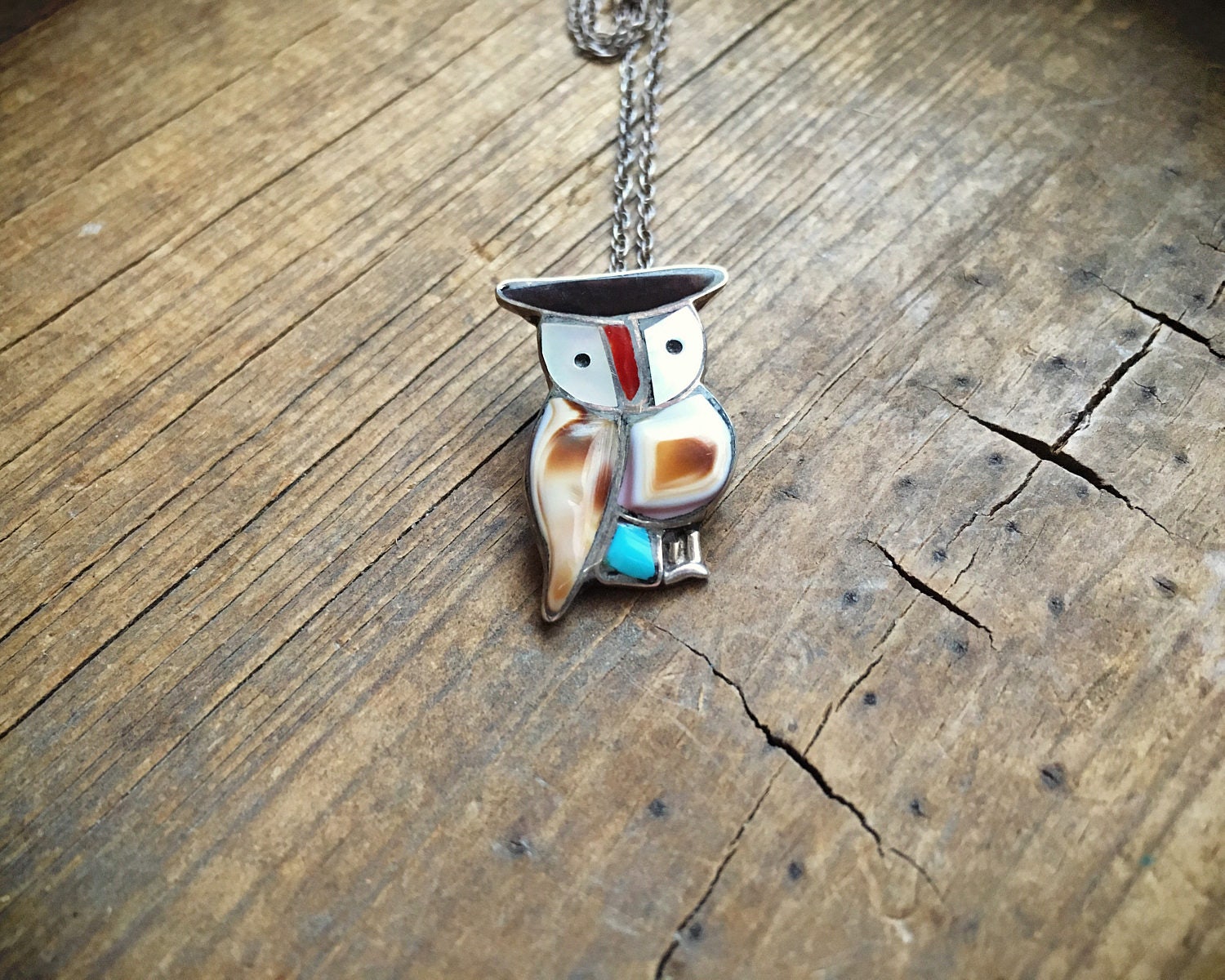 Vintage owl necklace turquoise Mother of Pearl silver channel inlay ...
