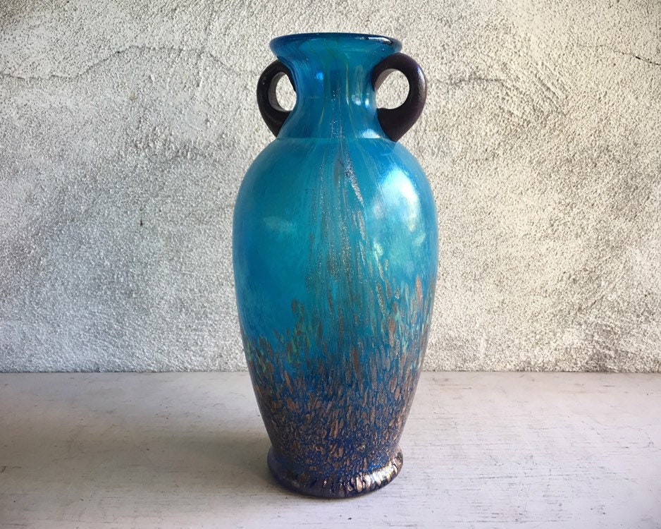 Vintage Teal Blue Favrile Art Glass Hand Blown Dale Tiffany Amphora