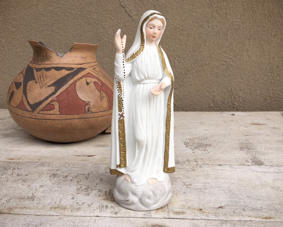 Vintage Bisque Porcelain Our Lady of Fatima Figurine, Catholic Altar Art Religious Statue