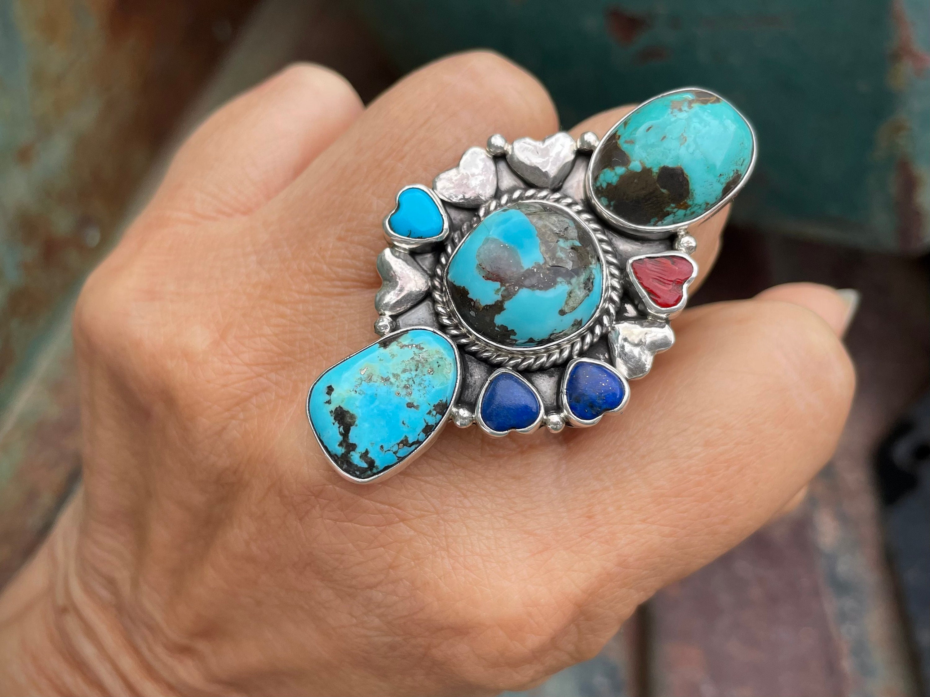 Navajo Mary Jane Garcia Turquoise Multistone Heart Ring Size 9