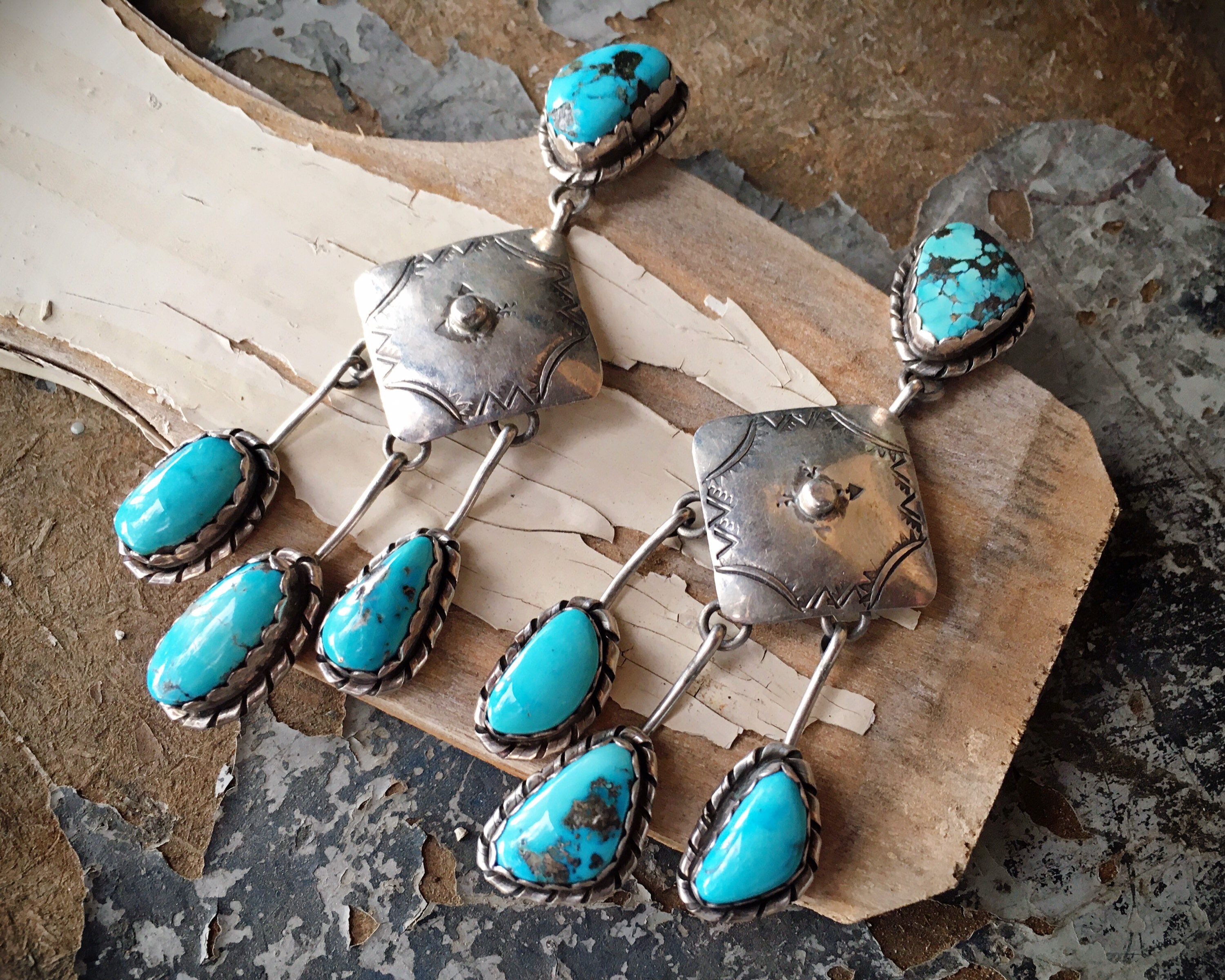 Natural Morenci Turquoise Dangle Earrings, Vintage Navajo Native