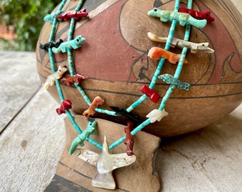 Vintage Two Strand Zuni Fetish Necklace with Turquoise Heishi Multi Stone Carvings (One Broken)