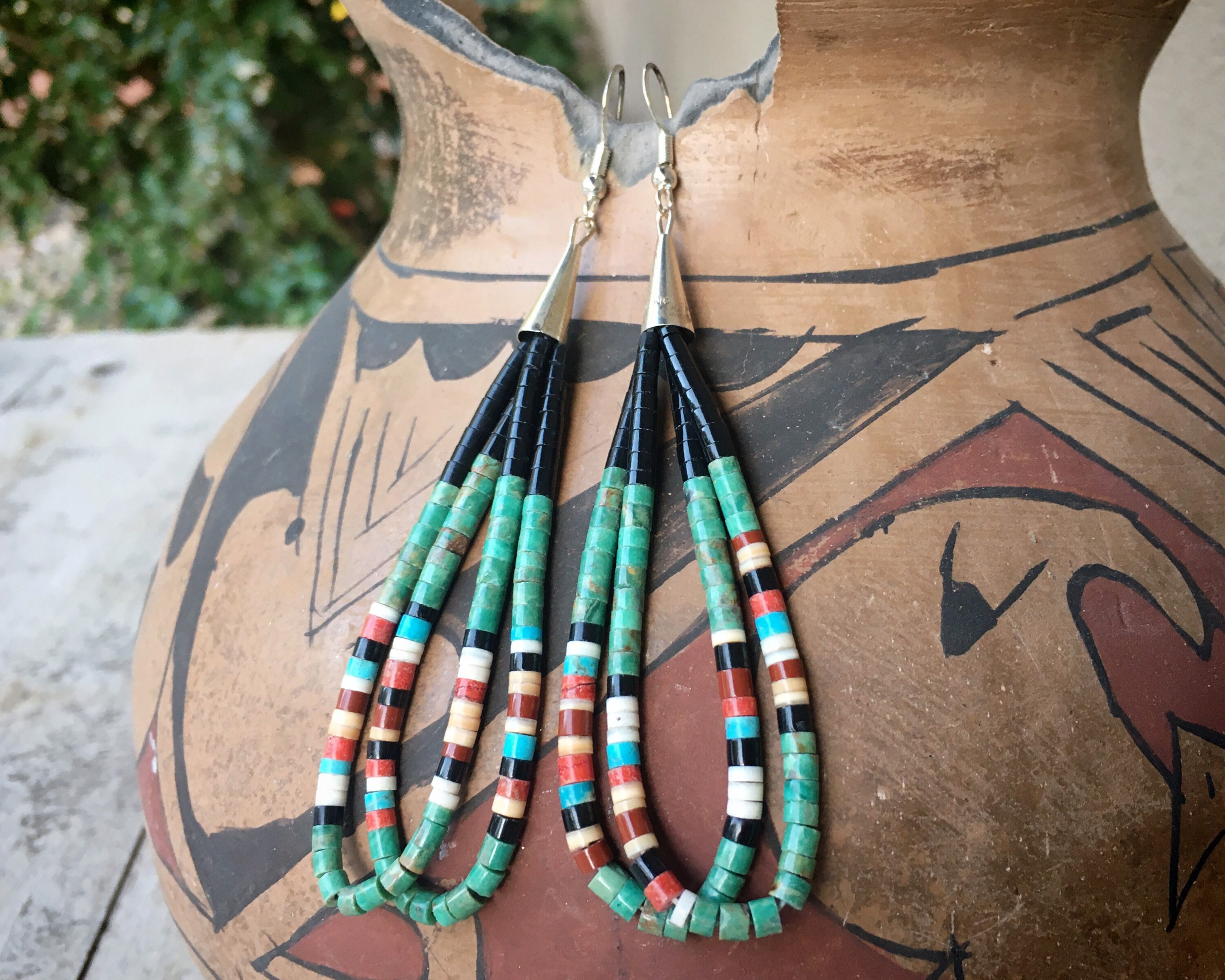 Turquoise Black Onyx Heishi Earrings by Santo Domingo Dorene Calabaza