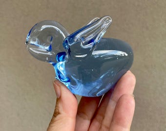 Vintage Pale Blue Art Glass Rabbit Paperweight Figurine, Window Suncatcher, Bunny Collector Gift