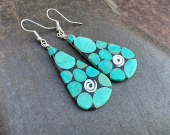 Kewa Pueblo Daniel Coriz Turquoise Jet Inlay Drop Earrings, Dangle to 2.5"
