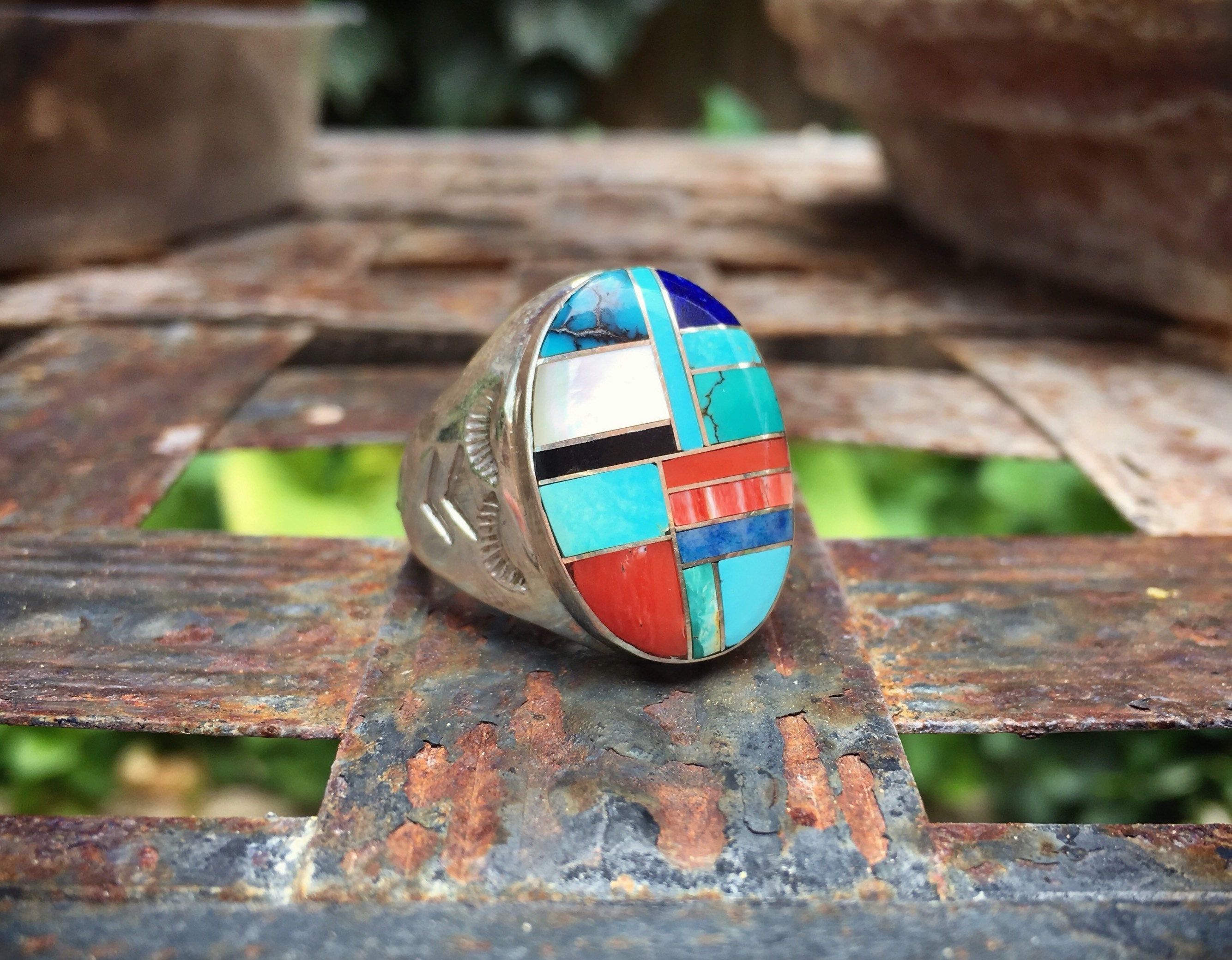 Men's Turquoise Ring Size 12 Multi Stone Inlay, Native American Ring ...