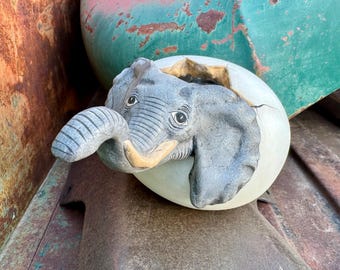 Mexican Pottery Art Sculpture of Elephant Emerging from Egg, Sergio Bustamante Style