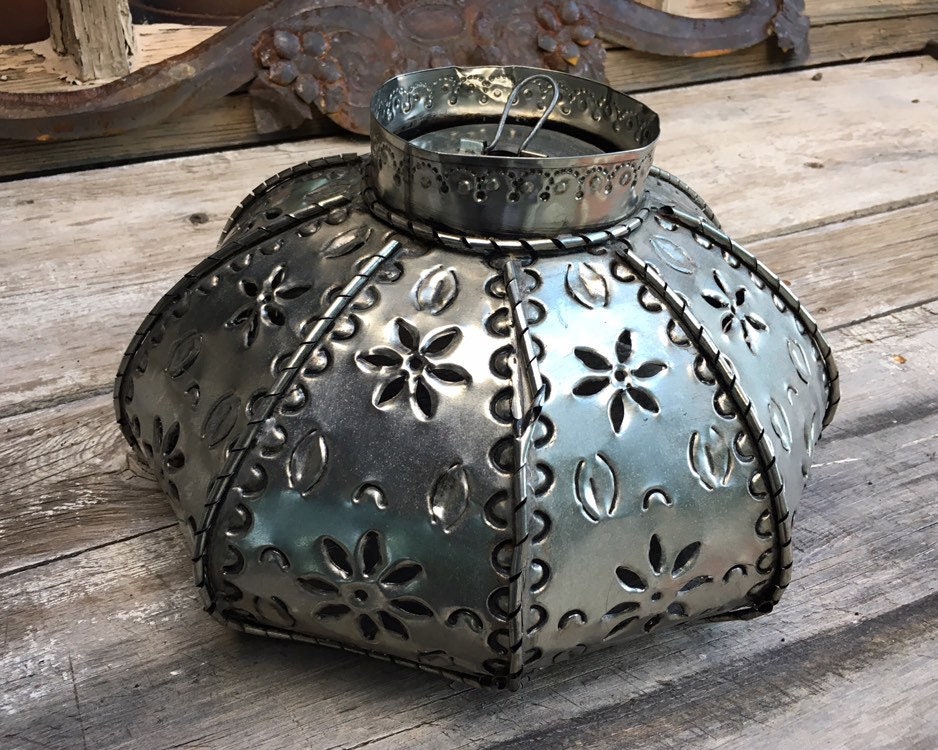 Vintage Mexican Punched Tin Hanging Lampshade Metal Pendant