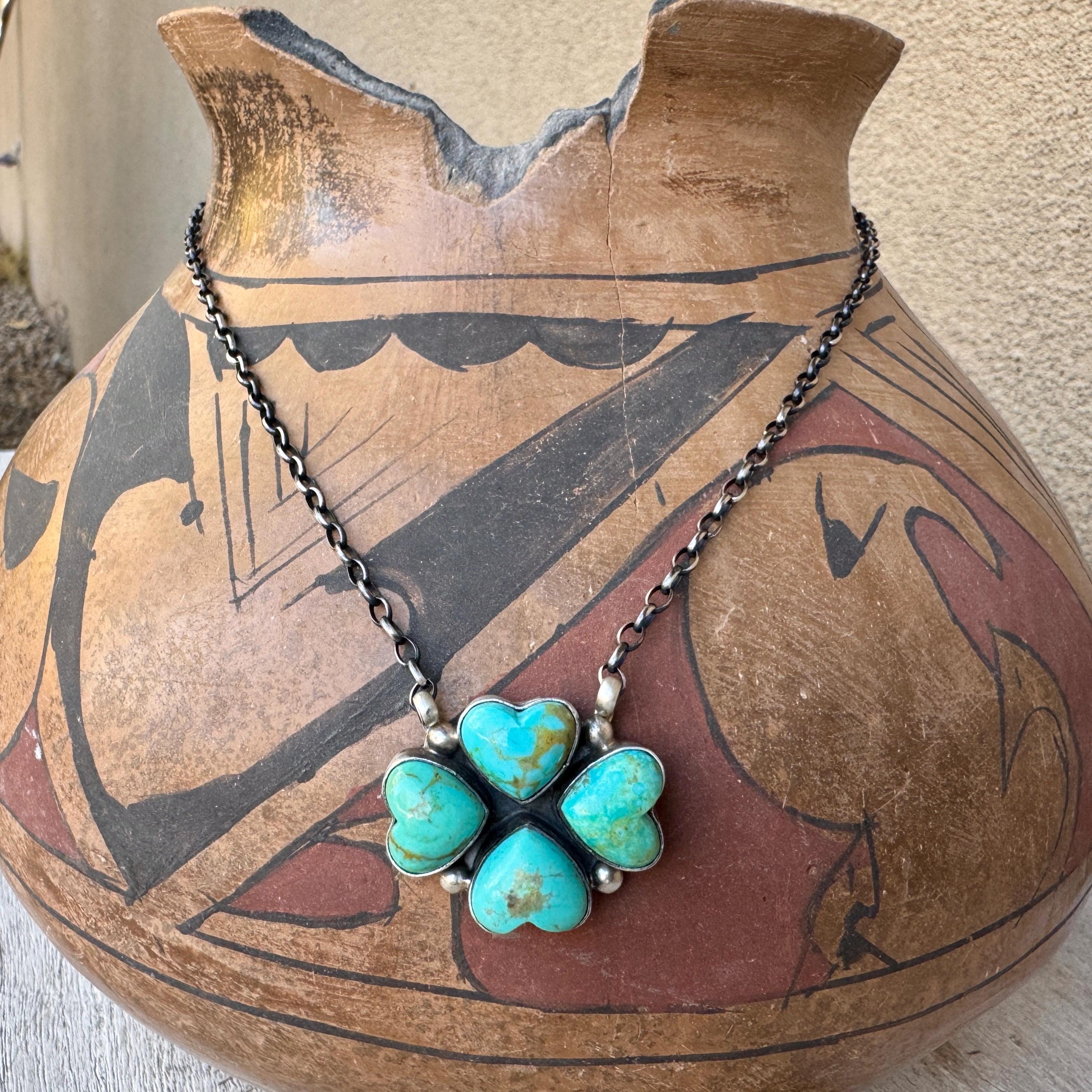 Navajo Donavan Skeets Sterling Silver Turquoise Four Hearts Clover