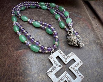 Amethyst Aventurine Sterling Silver Cross Pendant Necklace 19", 1990s Magnetic Closure