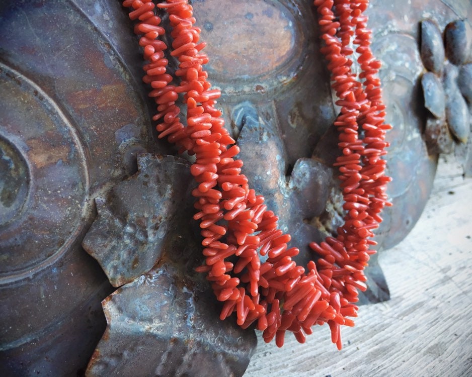 Three Strand Natural Coral Choker Necklace 21 for Women Native American Indian Jewelry