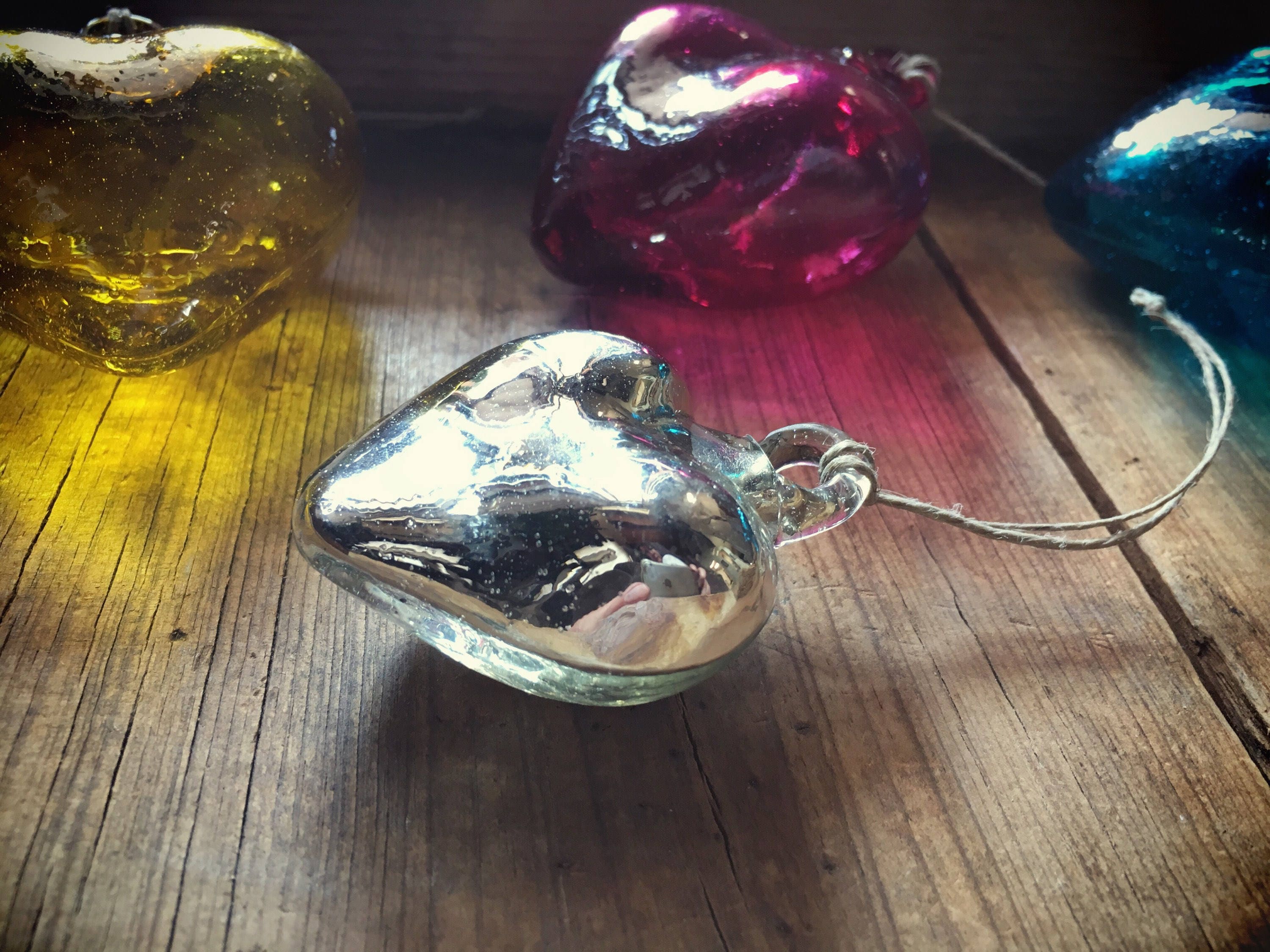 Vintage silver blown glass heart ornament from Mexico puffy heart decor ...