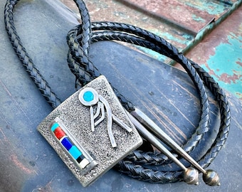 Vintage John Shopteese Tufa Cast Silver Bolo Tie Kokopelli Flute Player Turquoise Coral Lapis