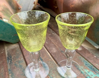 Pair Vintage Hand-Blown Glass Goblets Yellow Bubbles with Clear Stems
